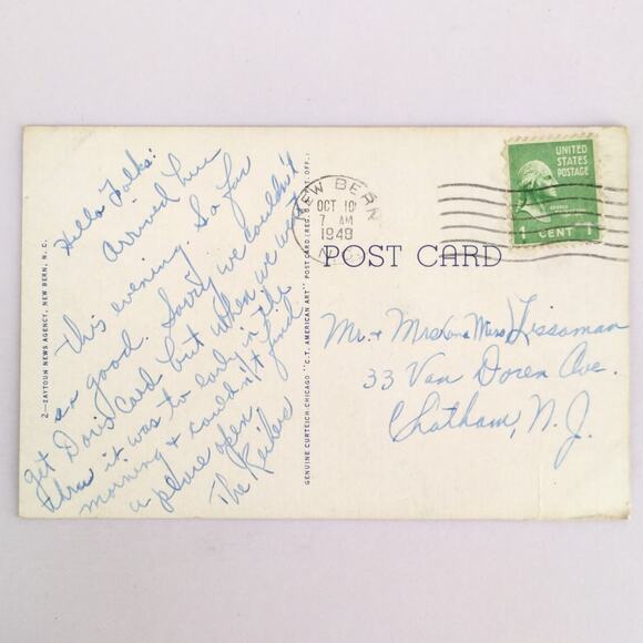 Vintage Linen Postcard 1948 Hotel Queen Anne At Night New Bern North Carolina NC - Picture 2 of 2